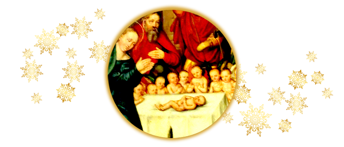En médaillon : illustration antique de la Nativité du Christ